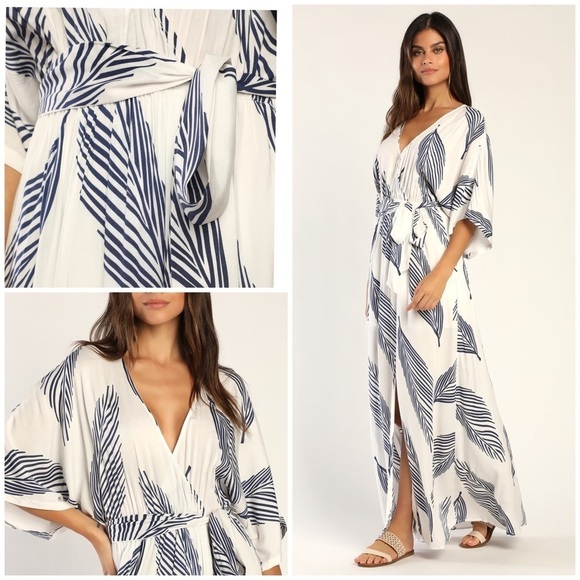 Lulus Dress Women’s Size Medium Sign of the Times Blue Leaf Print Maxi Dress - Picture 14 of 15